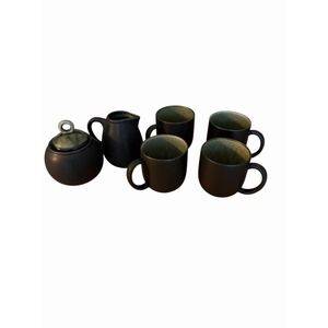 Jars France Tourron Samoa Vert Green Tea Cups X 4, Creamer and Sugar Bowl w/lid